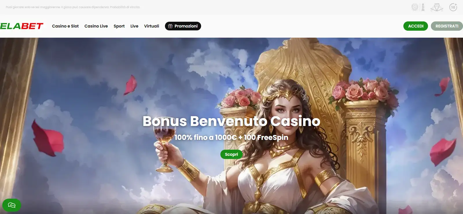 Sezione promozioni ElaBet Italia con l'offerta di benvenuto