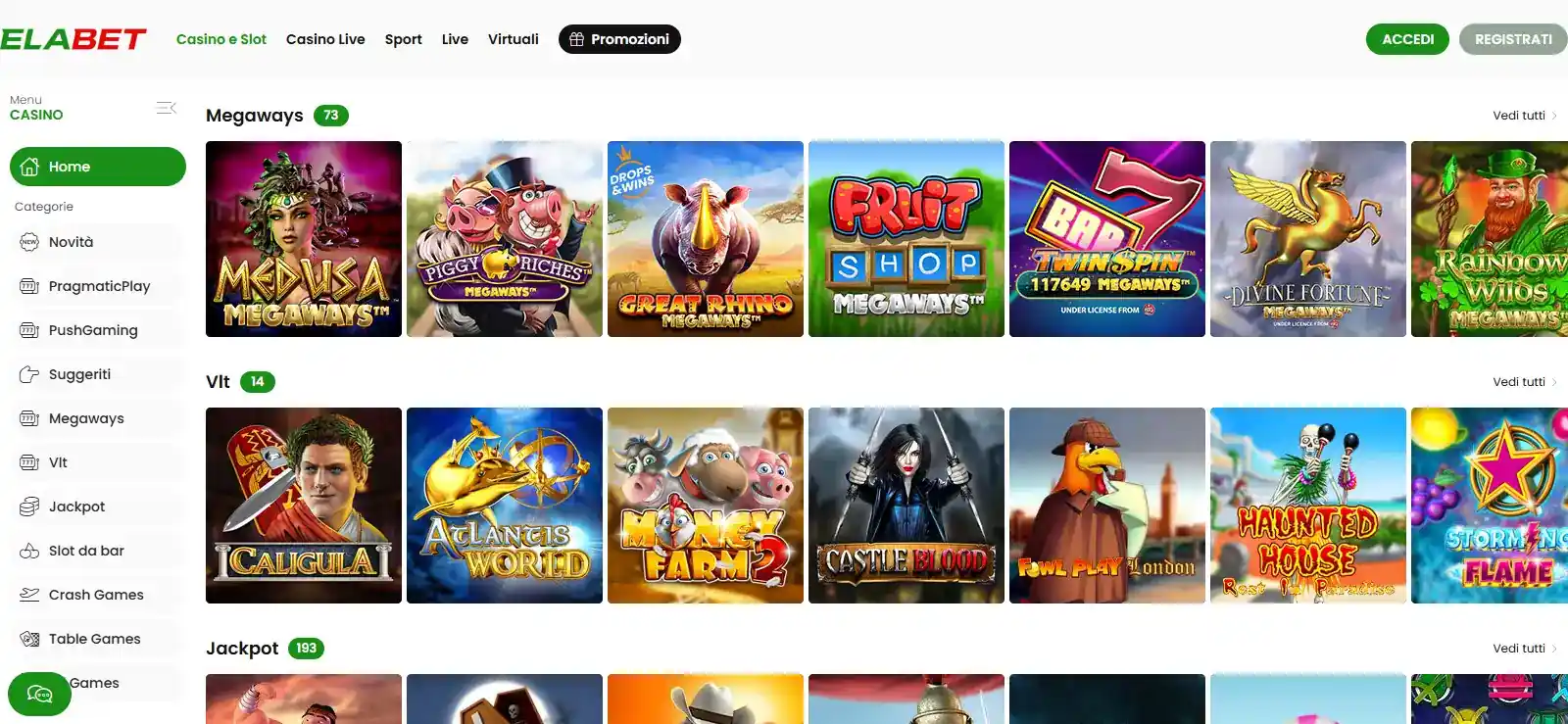 Schermata della sezione slot della lobby ElaBet con griglia di giochi e filtri visibili