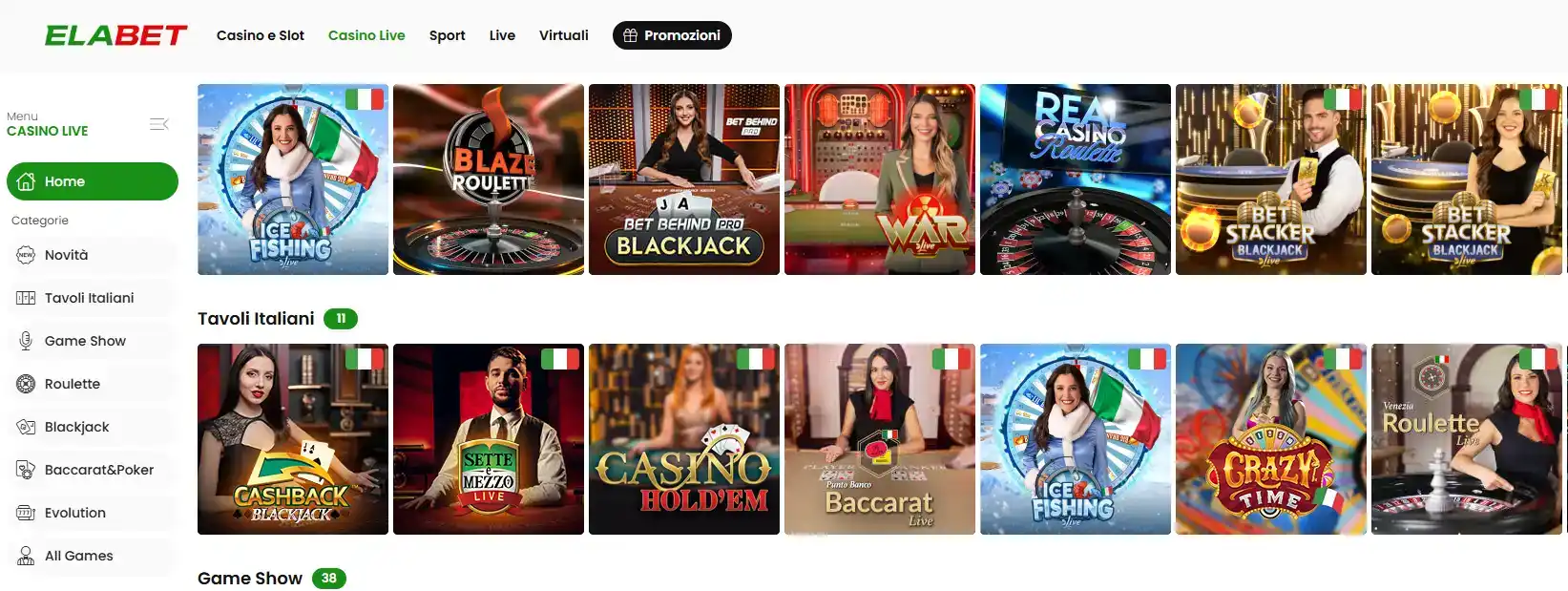 Lobby casino live ElaBet con tavoli e categorie di gioco dal vivo