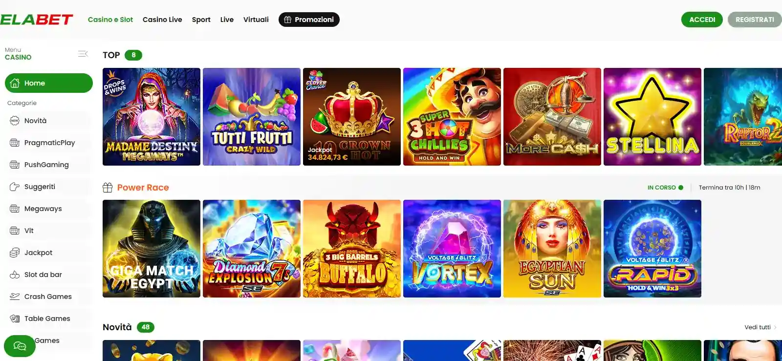 Lobby giochi ElaBet Italia con categorie e titoli disponibili