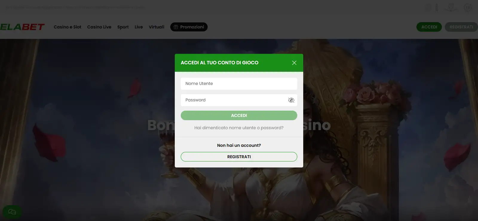Area di accesso e gestione del conto ElaBet