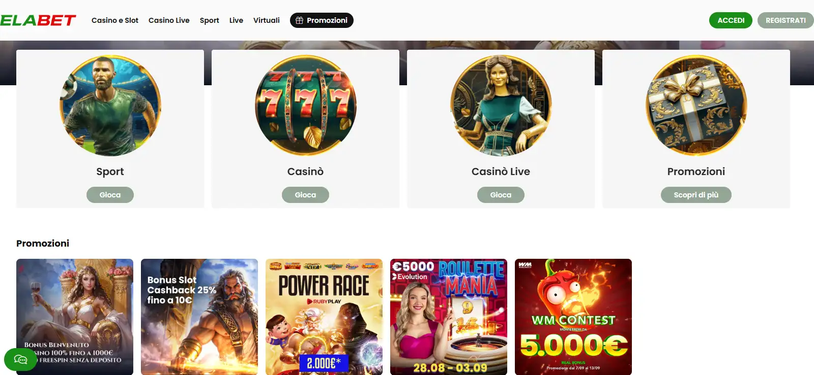 Schermata della homepage ufficiale ElaBet Italia con navigazione e contenuti del casino